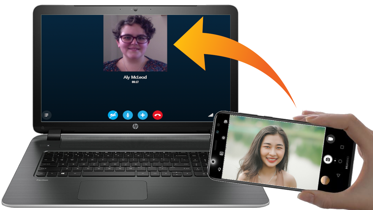 A promotional picture showing a phone being used to transmit a webcam stream from a phone to a laptop running Skype.